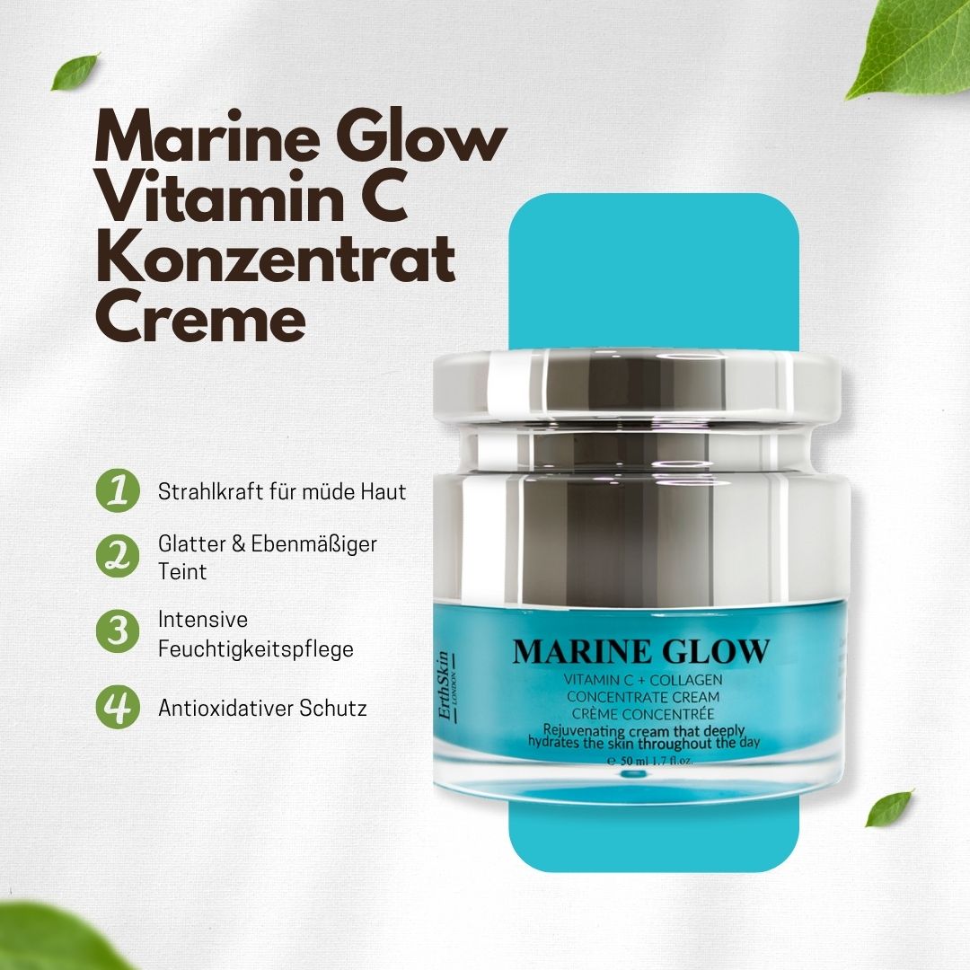 Vasetto di crema con testo. Scritta: Marine Glow, Vitamina C, Crema concentrata. Marchio: ErthSkin London. Testo: Luminosità per la pelle stanca, ecc.