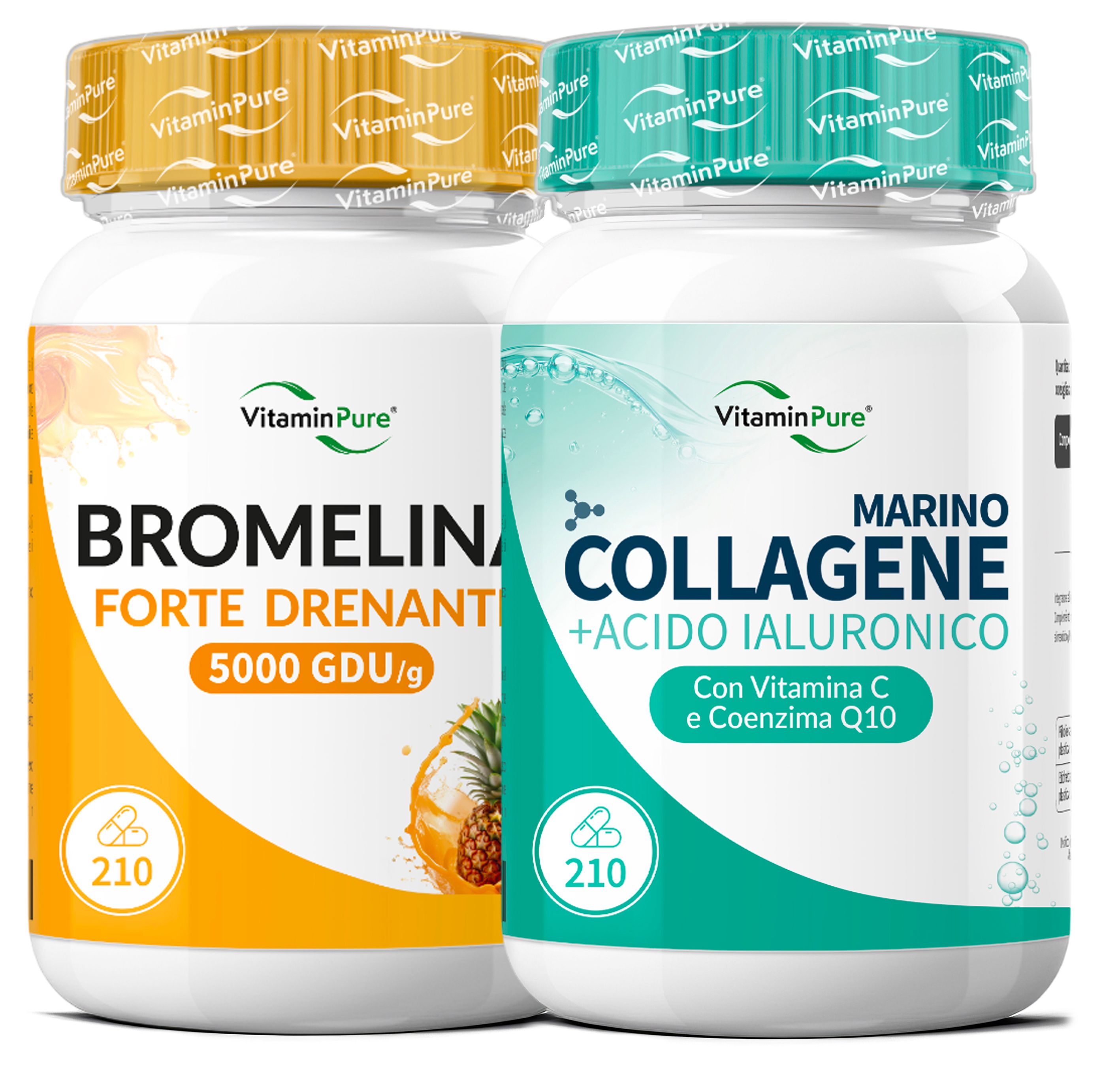 PROMO VitaminPure® Bromelina 5000 GDU + Collagene Marino e Acido Ialuronico, Drenante, Tonicità e Fu