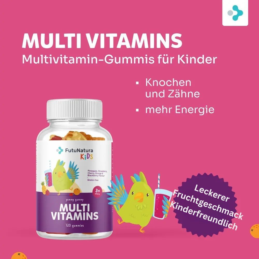 Flacone di FutuNatura Kids Multi Vitamins. Scritta: Multi Vitamins. Testo: ossa e denti, più energia. Pappagallo dei cartoni animati.