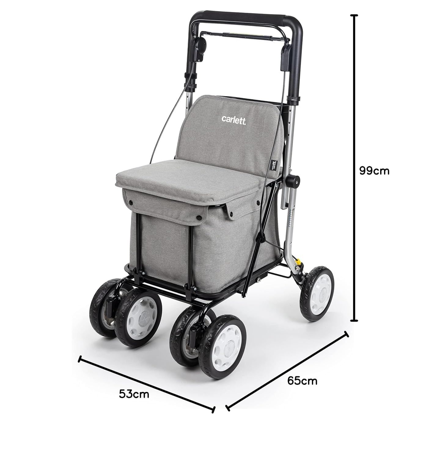 Rollator grigio con sedile, borsa della spesa, quattro ruote, telaio argentato. Dimensioni 99x65x53cm.