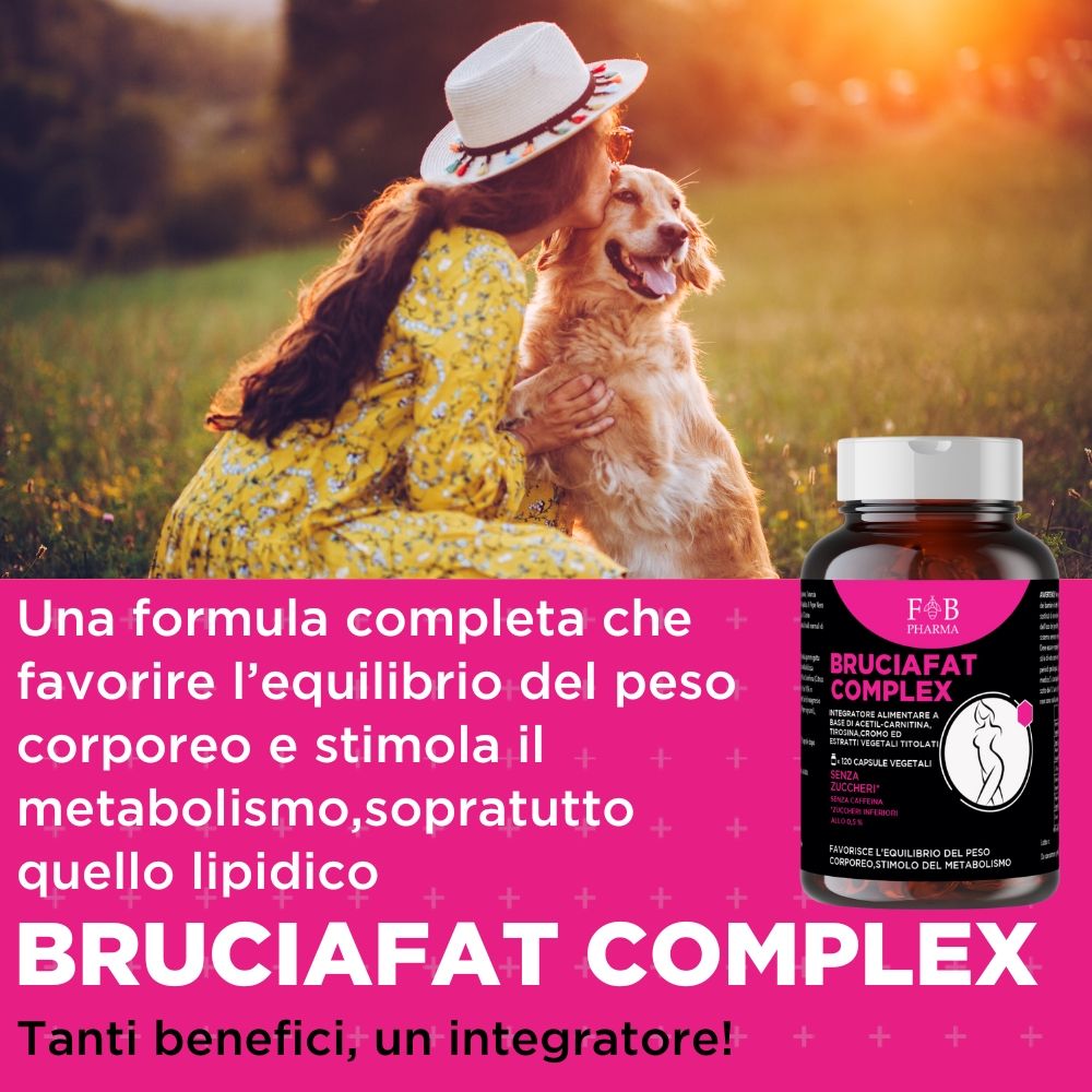 Flacone di integratore alimentare, etichetta con "BRUCIAFAT COMPLEX" e silhouette di donna.