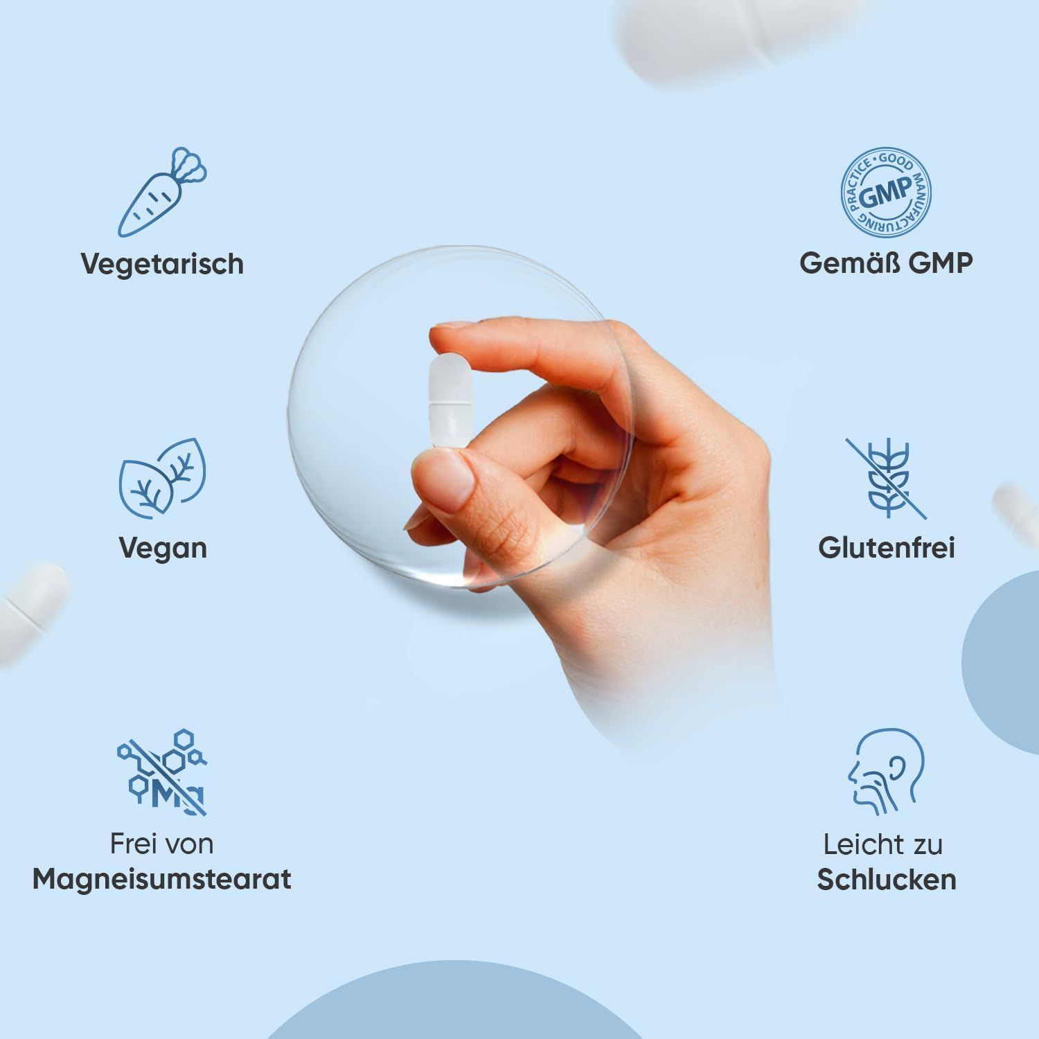 Mano che tiene una compressa bianca. Simboli: vegetariano, vegano, senza glutine, senza stearato di magnesio, facile da deglutire, certificato GMP.