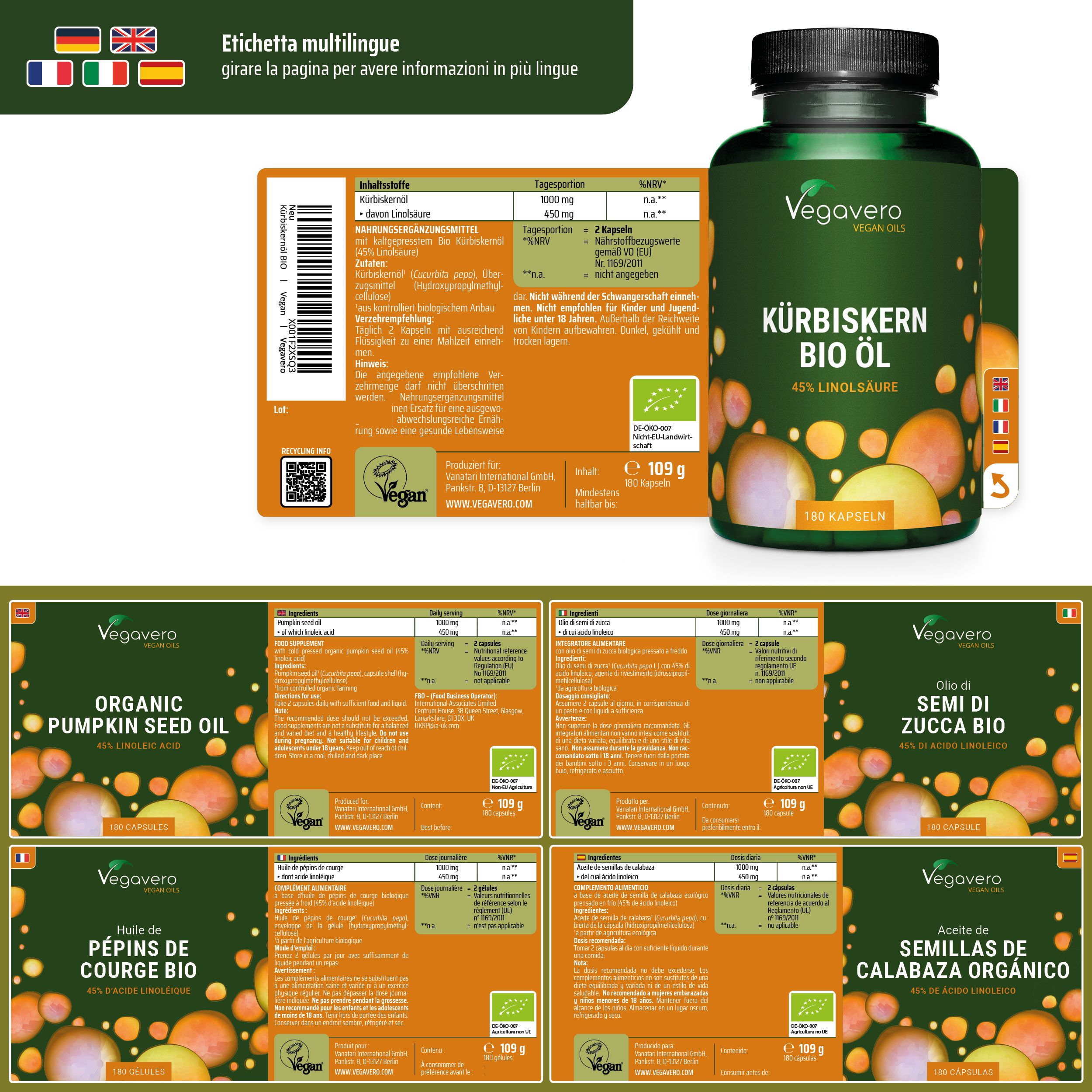 Etichetta multilingue con informazioni. Flacone di capsule. Scritta: Kürbiskern BIO Öl. Marchio: Vegavaro.