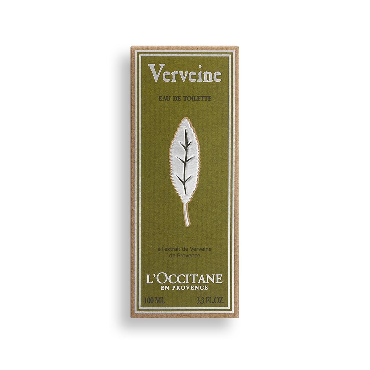 Confezione L'Occitane Verbena Eau de Toilette con motivo a foglia.