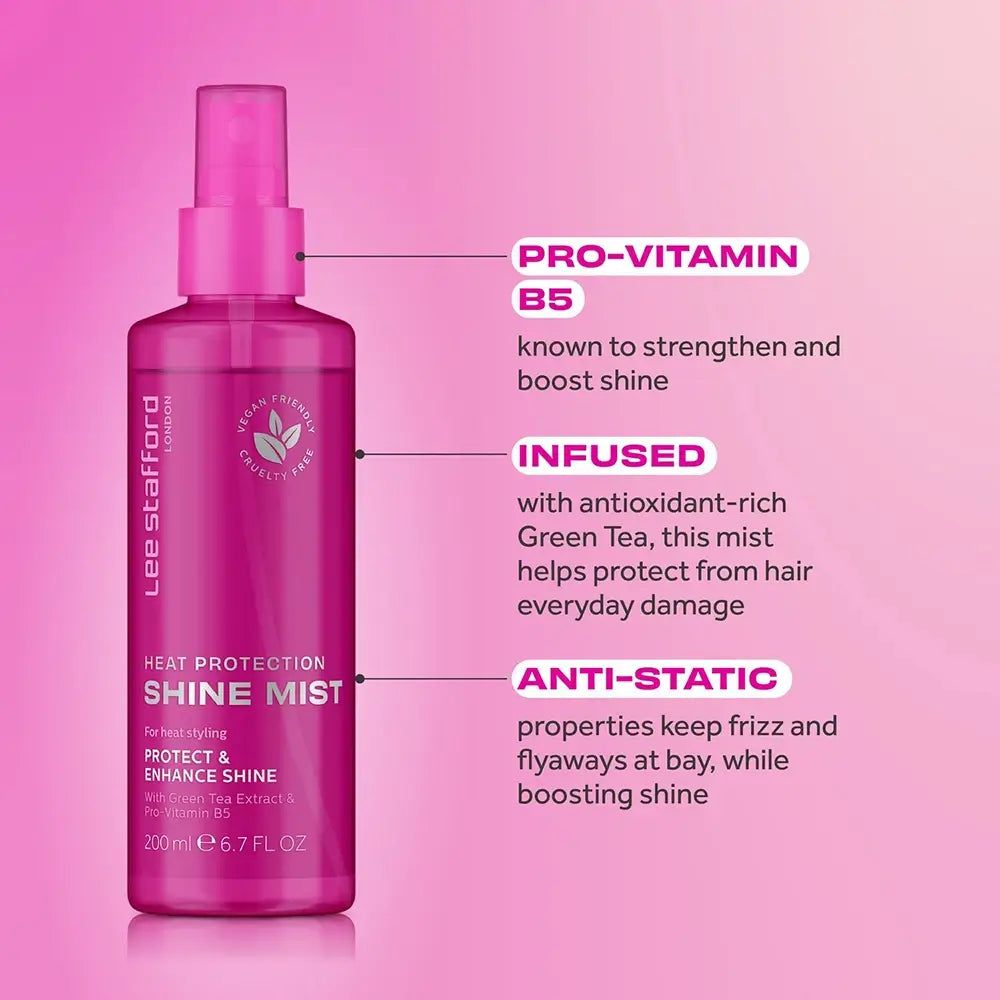 Lee Stafford Heat Protection Shine Mist con spiegazione degli ingredienti e dei benefici.
