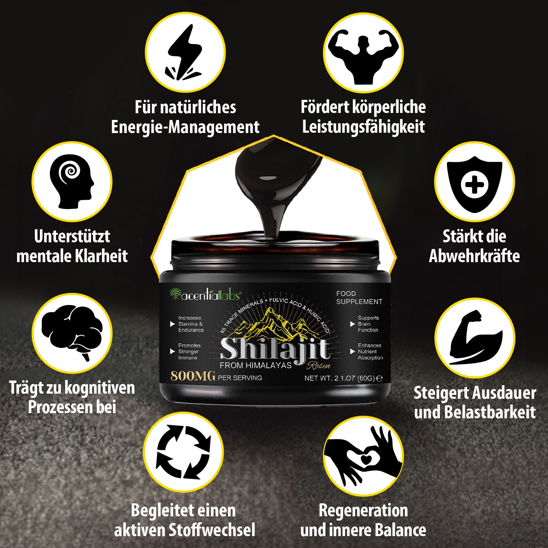 Vasetto di Shilajit. Liquido nero versato nel vasetto. Testo: Resina Shilajit dall'Himalaya. acentialabs.