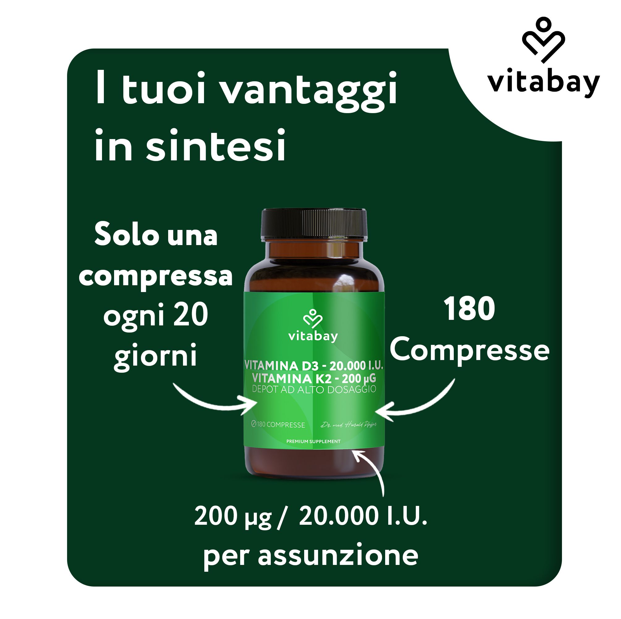 Vitabay Vitamina D3 K2 20.000 I.U. Depot ad alto dosaggio, 180 compresse. Solo una compressa ogni 20 giorni. 200 µg K2 / 20.000 I.U. D3 per assunzione.