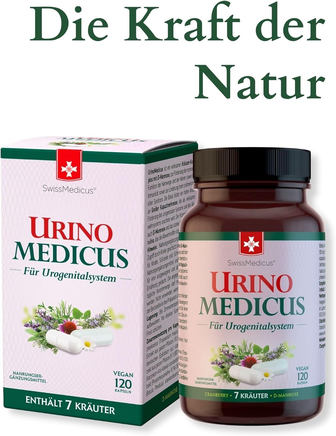 Confezione e flacone di Urino Medicus. Scritta: 120 capsule, vegano. Testo: La forza della natura.