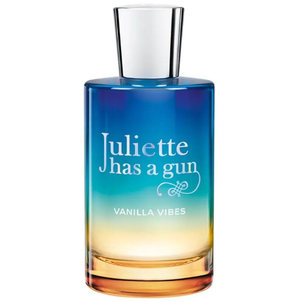 Flacone di profumo. Scritta: Juliette has a gun, Vanilla Vibes. Sfumatura da blu a giallo. Tappo argentato.