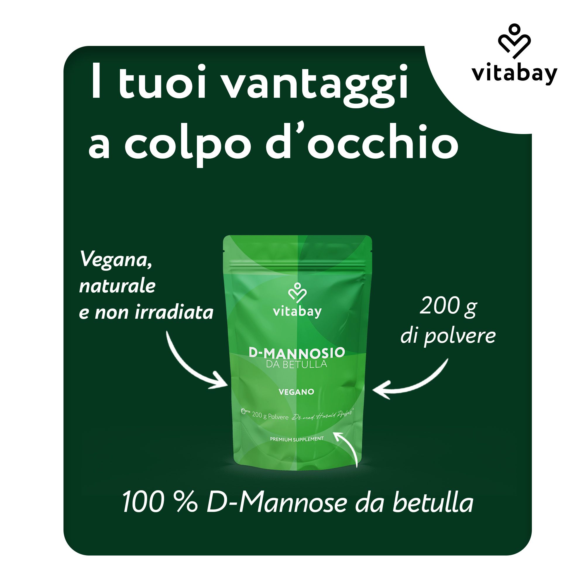 Busta verde di D-Mannosio in polvere, 200g. Vegano, naturale e non irradiato. 100% D-Mannosio da betulla.