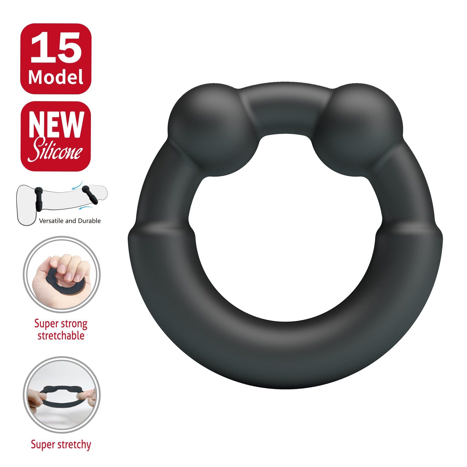 Anello nero con due sfere e illustrazioni. Testo: 'NEW Silicone', 'Super strong stretchable', 'Super stretchy'.