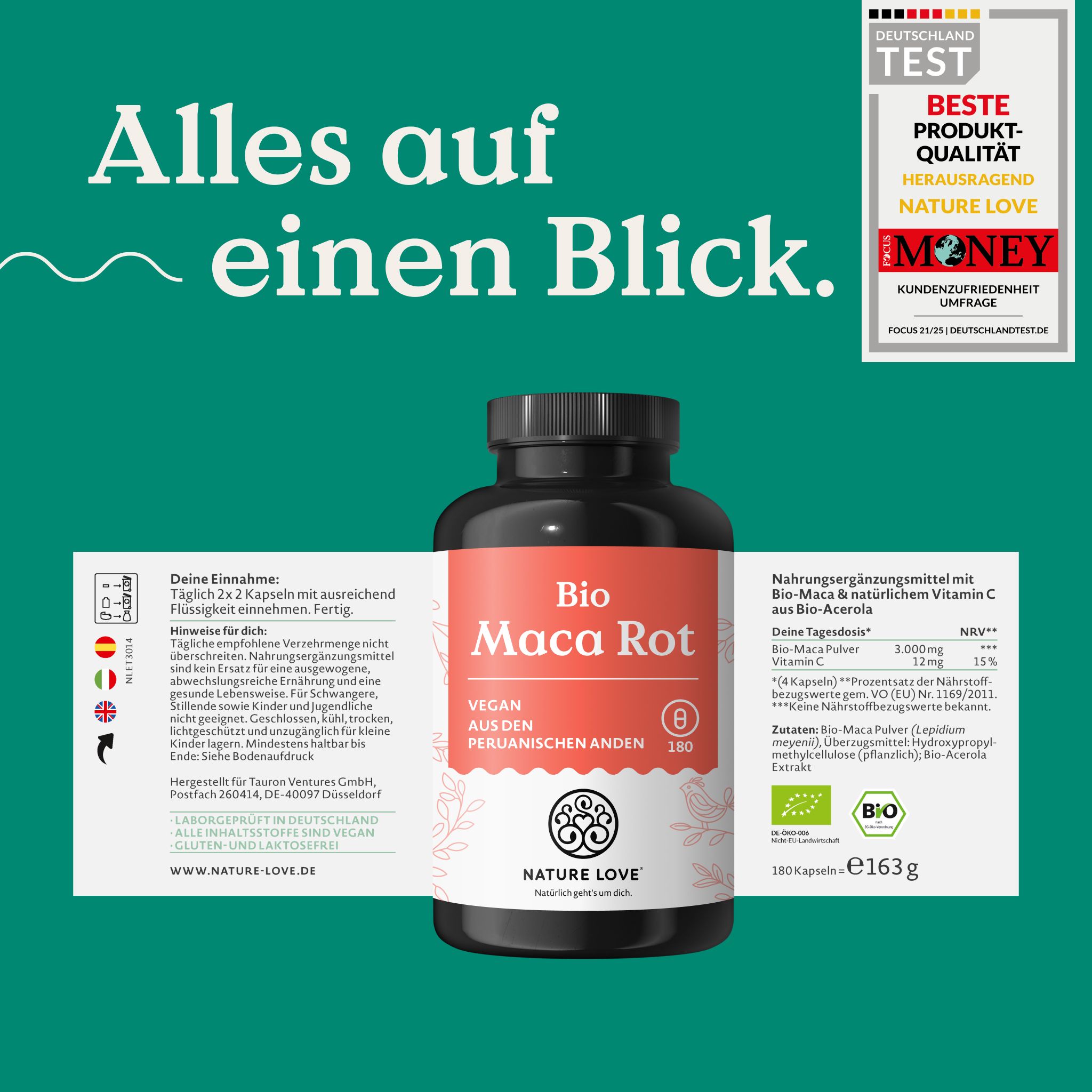 Capsule Nature Love Bio Maca Rossa, 180 pezzi, vegane, dalle Ande peruviane.