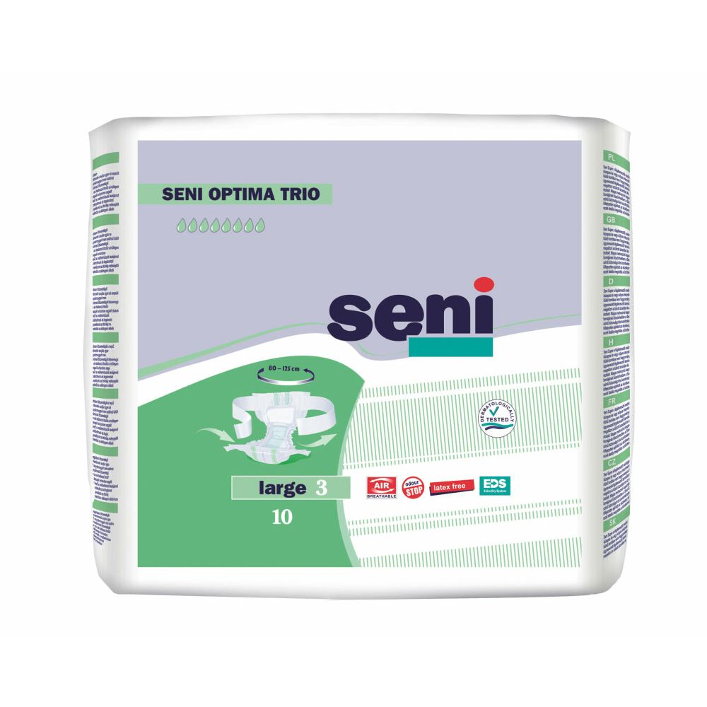 Confezione Seni Optima Trio L. Design verde e bianco. Immagine del prodotto. Scritte: Seni, Large 3, 10 pezzi, marchi di qualità.