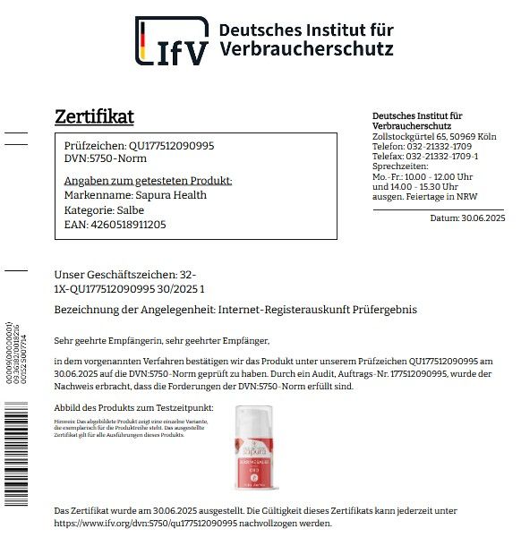 Certificato dell'Istituto tedesco per la protezione dei consumatori. Informazioni sul prodotto testato: crema, categoria: crema, marchio: Sapura Health. Codice EAN.