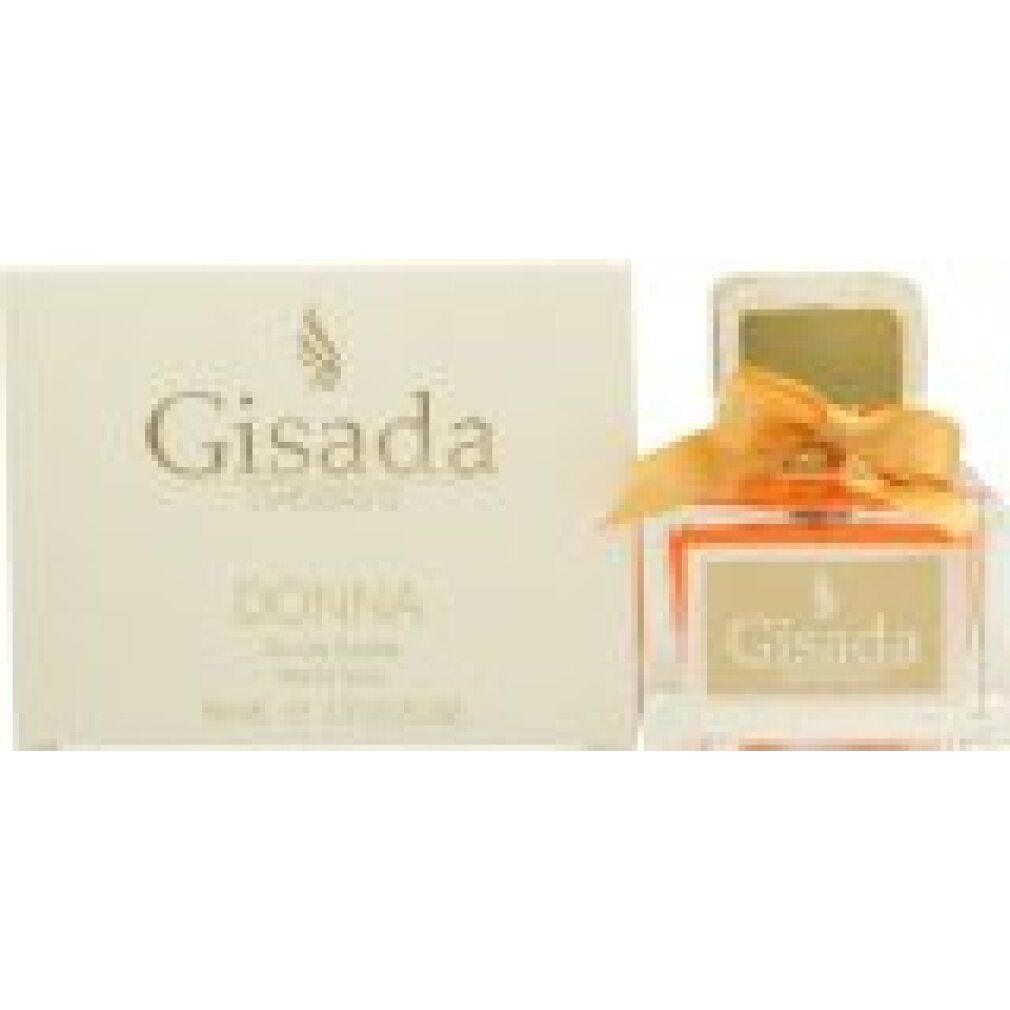 Flacone di profumo con scatola. Scritta: Gisada Donna. Flacone con tappo dorato ed etichetta beige.
