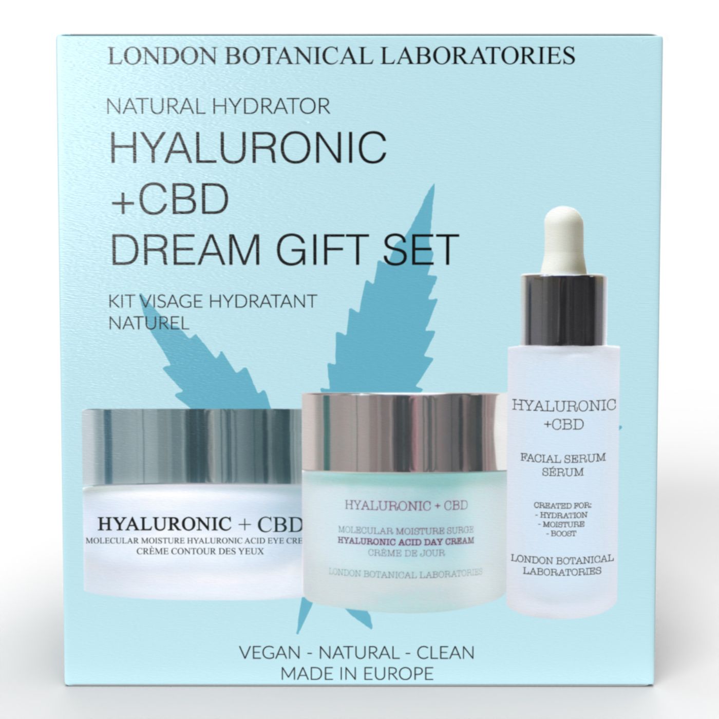 Cofanetto regalo con tre prodotti. Contiene crema, crema occhi e siero. Scritta: Hyaluronic + CBD Dream Gift Set.