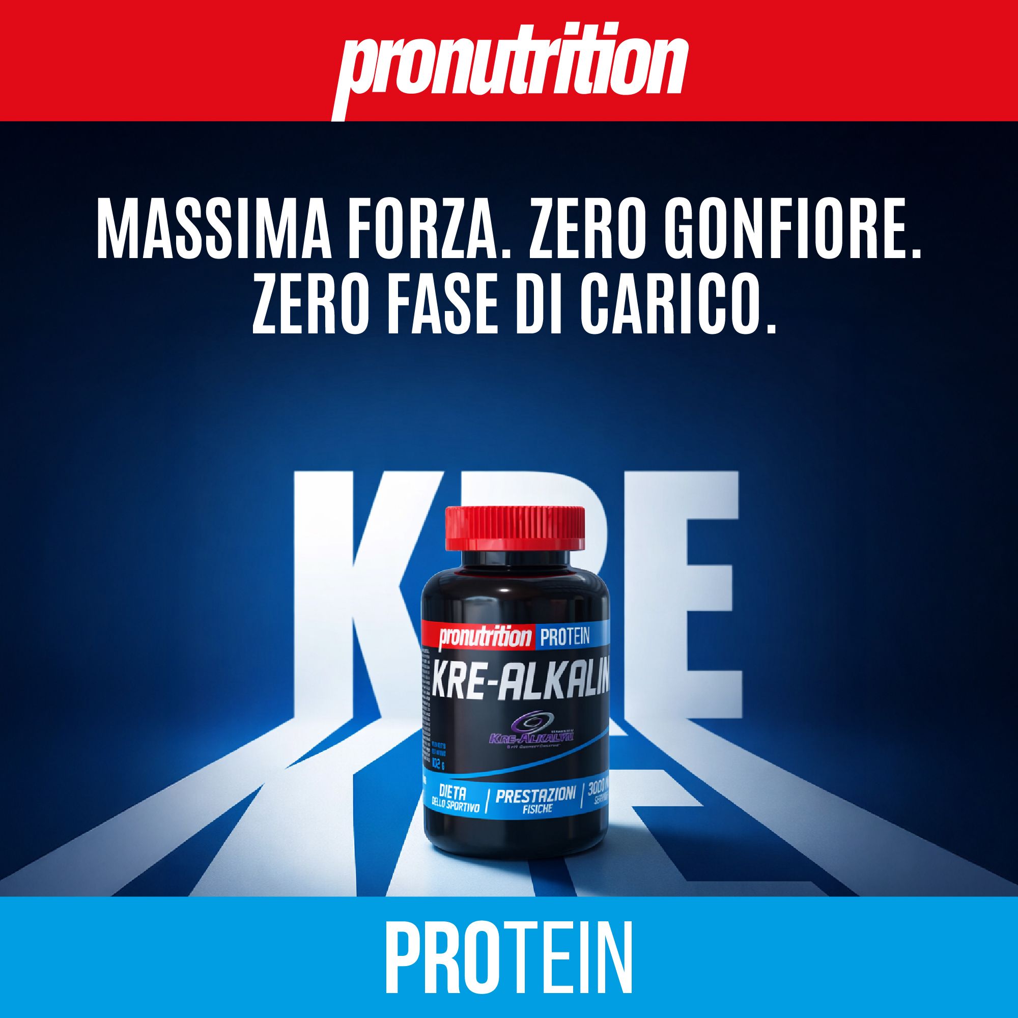 Flacone nero con tappo rosso, nome del prodotto e testo. Sfondo sfumato blu.