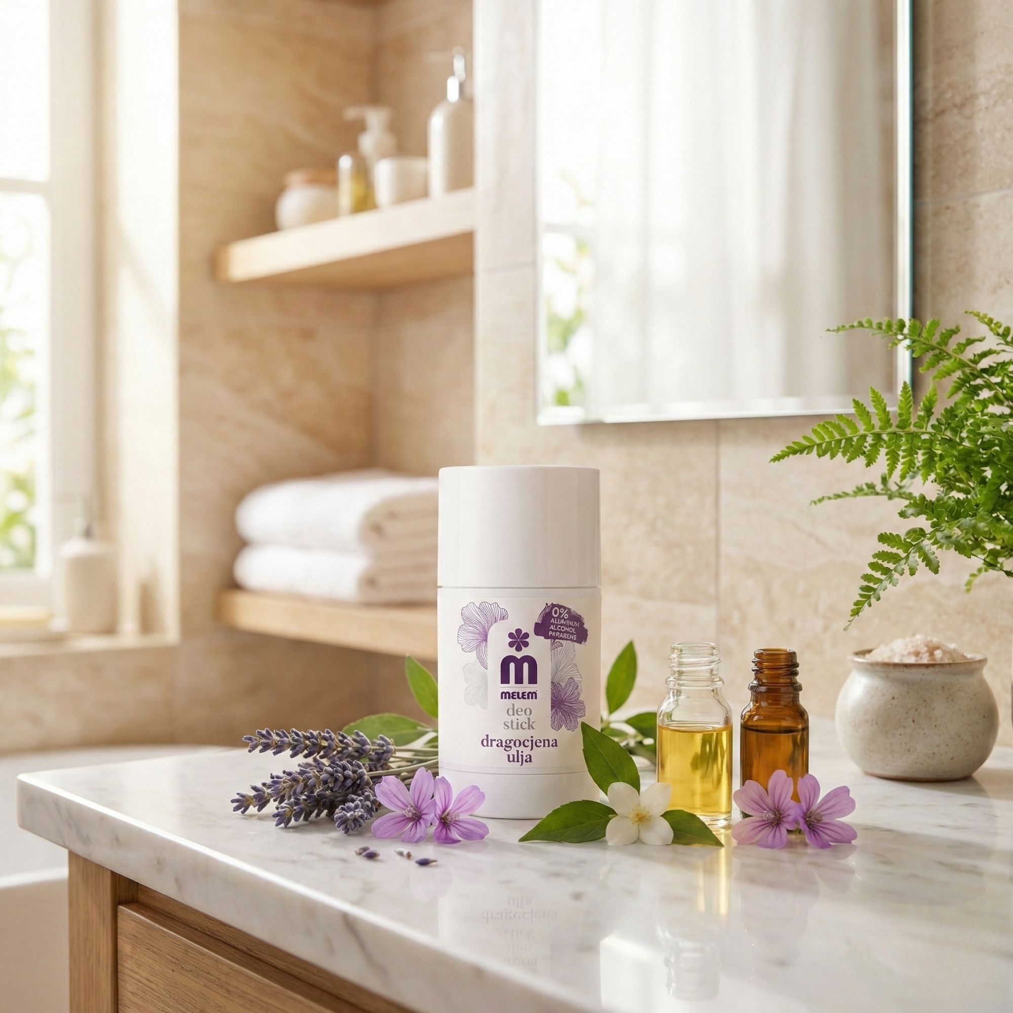 Stick deodorante bianco con motivo floreale viola. Su marmo, con bottiglie di olio e fiori.