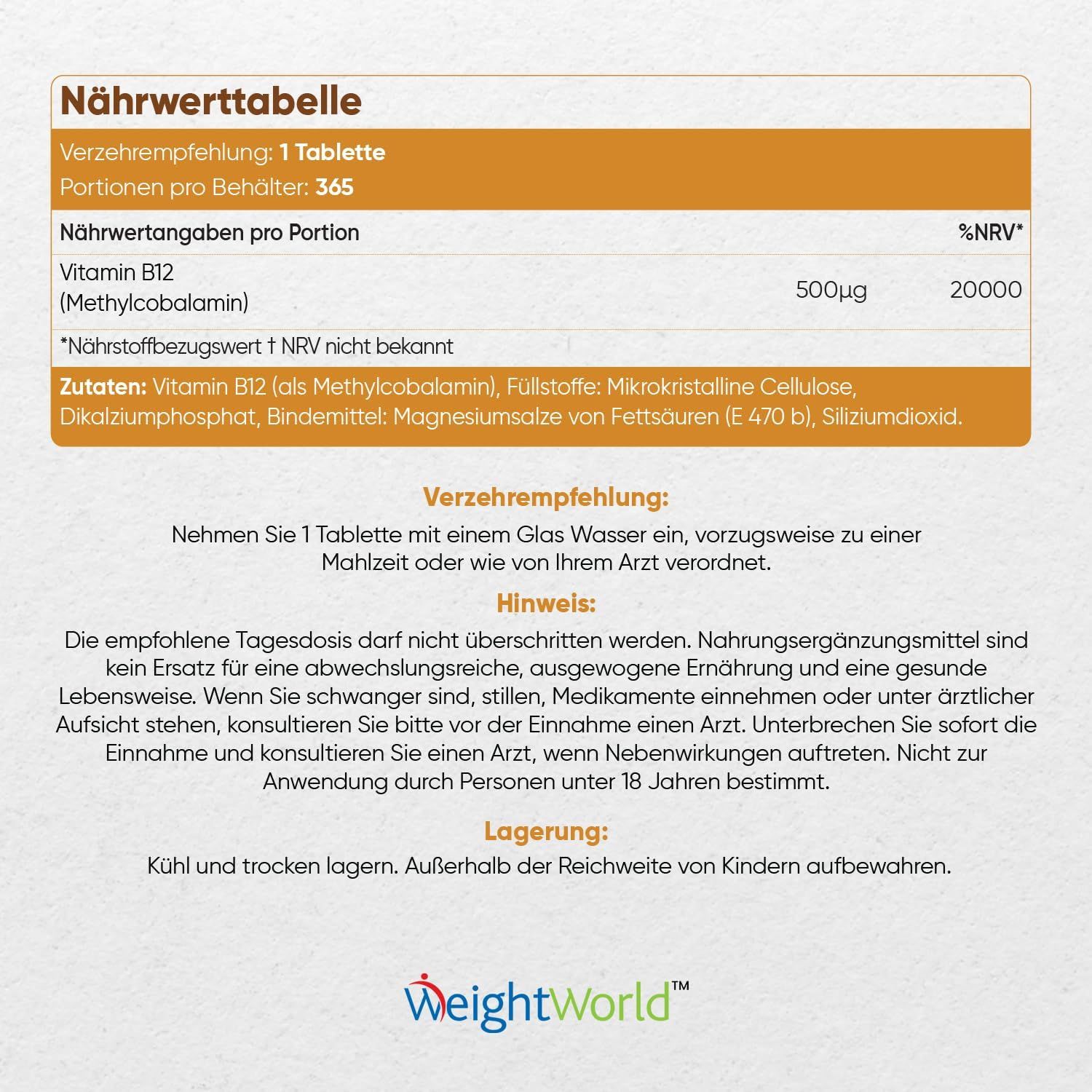 Tabella nutrizionale con informazioni sulla vitamina B12. Contiene informazioni sugli ingredienti e le raccomandazioni per l'uso. Conservazione: Conservare in luogo fresco e asciutto.