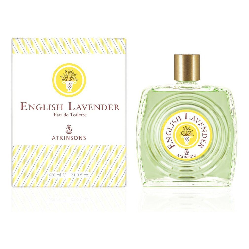 Atkinsons English Lavender Eau de Toilette. Flacone e confezione. Flacone quadrato, verde chiaro. Confezione bianca con dettagli gialli.