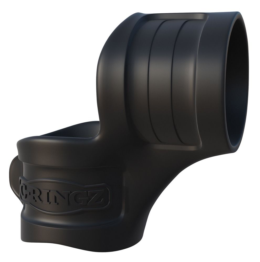 Anello per pene nero con scanalature e logo in rilievo.