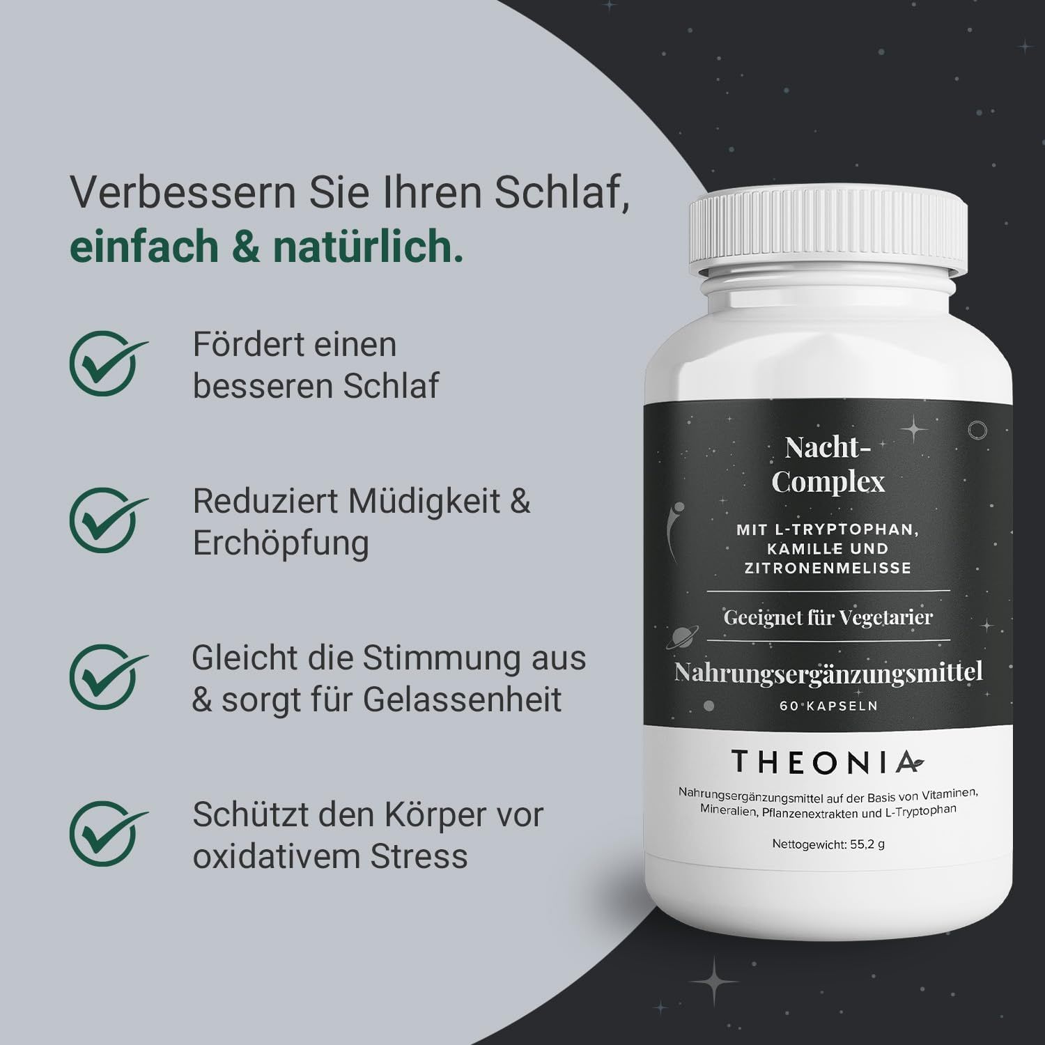 Flacone di capsule bianco. Testo: Nacht-Complex, L-Triptofano, Camomilla, Melissa. Adatto ai vegetariani. Integratore alimentare.