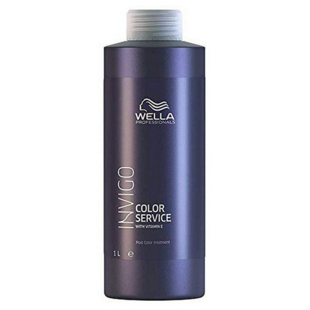 Flacone Wella Invigo Color Service Post Color Treatment. Flacone viola scuro con tappo bianco. Scritte: Invigo, Color Service, 1L.