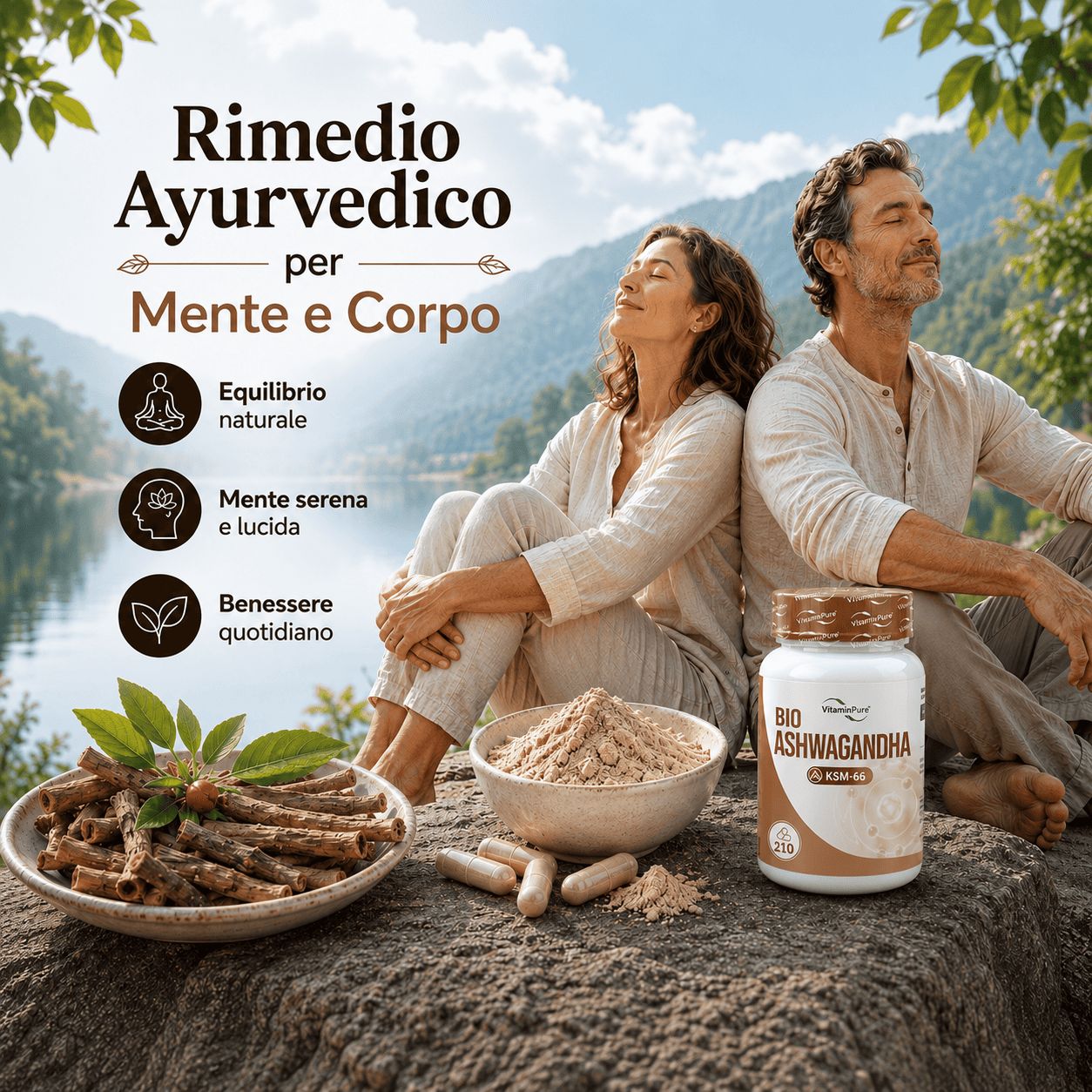 Coppia che medita con flacone, radici e polvere di Ashwagandha KSM-66 all'aperto.