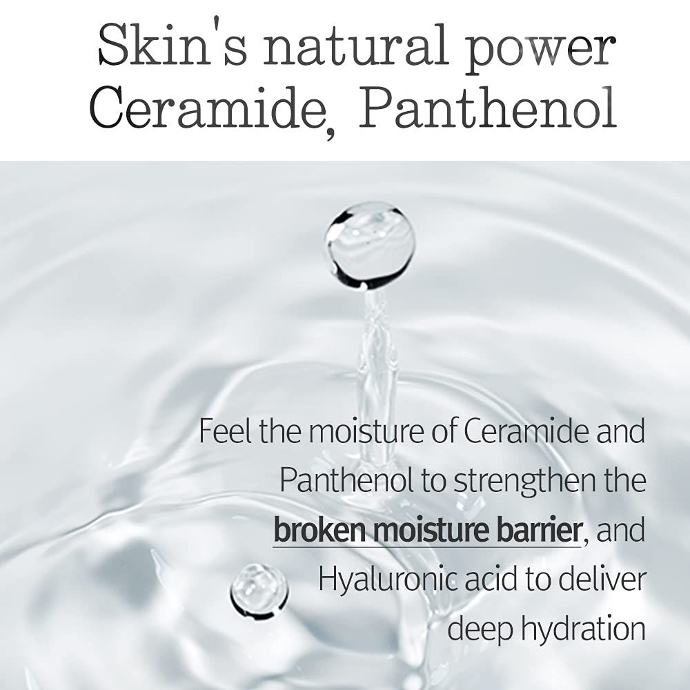 Gocce d'acqua. Testo: Skin's natural power Ceramide, Panthenol. Rafforza la barriera idratante.