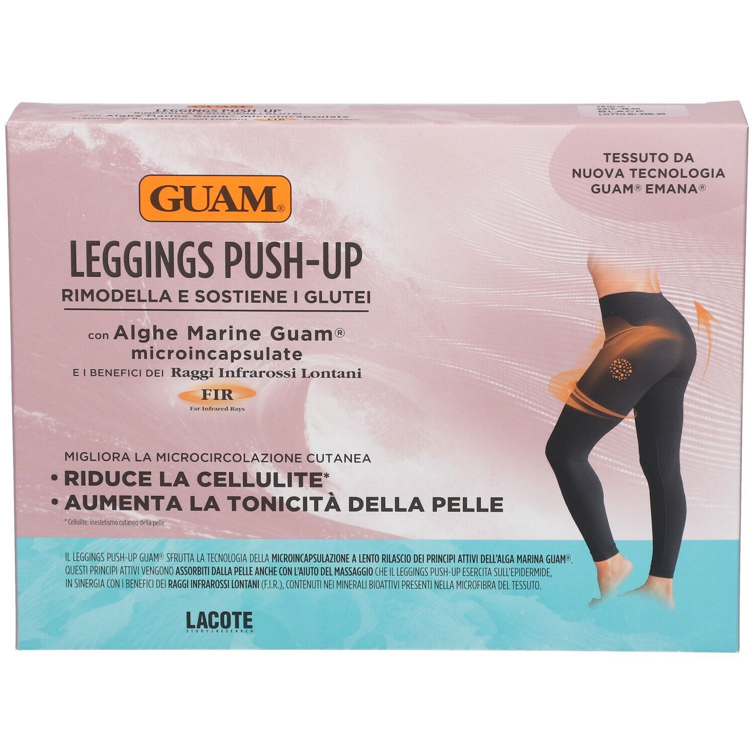 Confezione GUAM® Leggings Push-Up. Illustrazione di leggings neri. Testo: 'Rimodella e sostiene i glutei'.