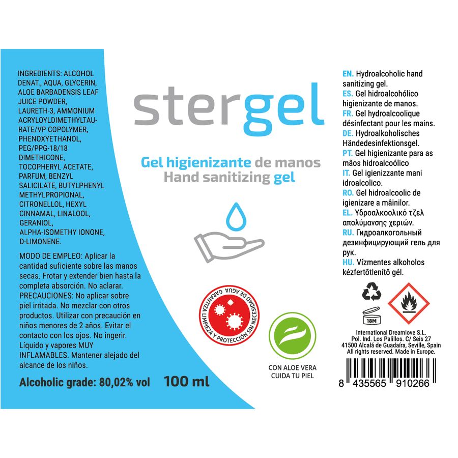 Retro del flacone di gel igienizzante Stergel con ingredienti e istruzioni.
