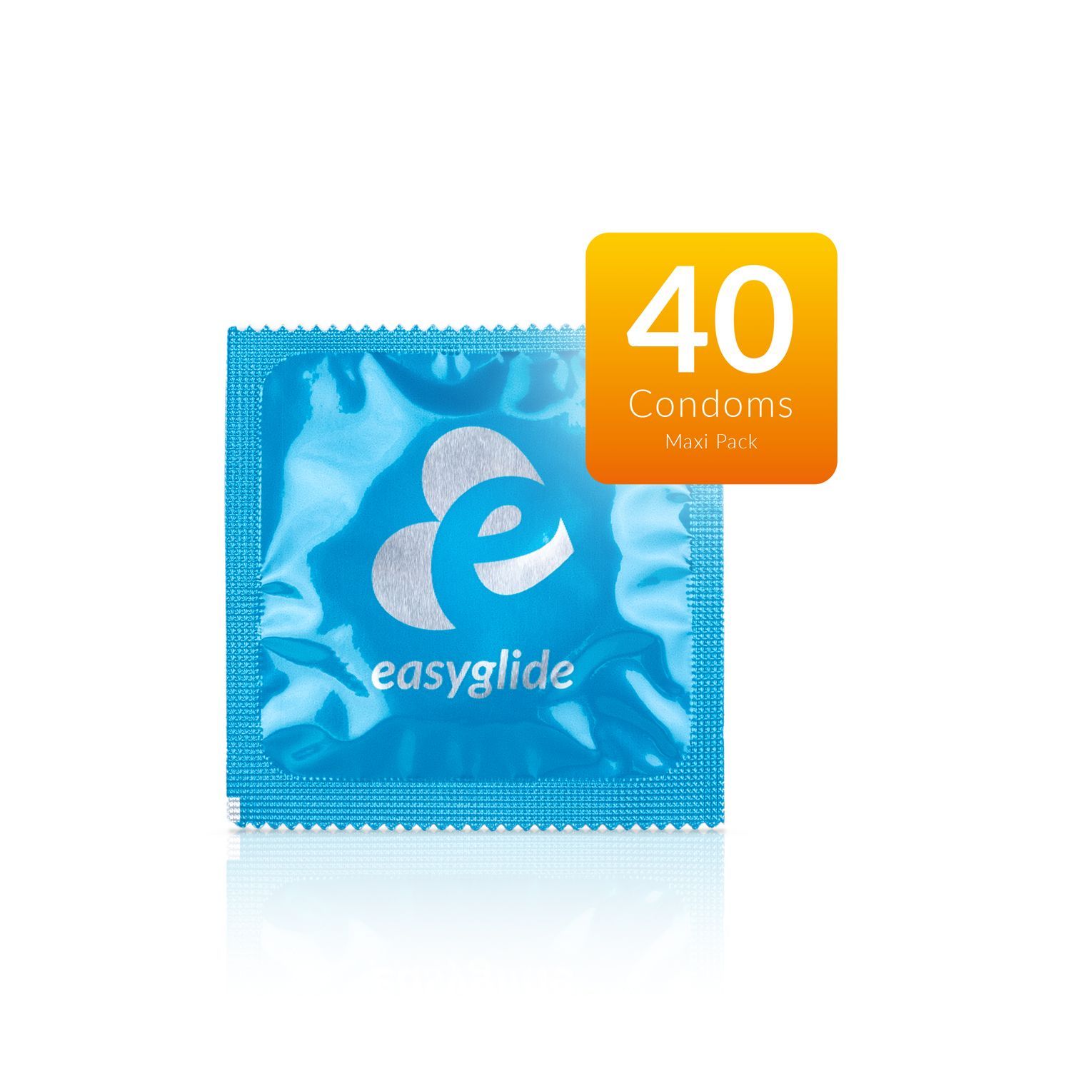 Confezione singola di preservativo blu con logo EasyGlide. Etichetta arancione con '40 Condoms Maxi Pack'.