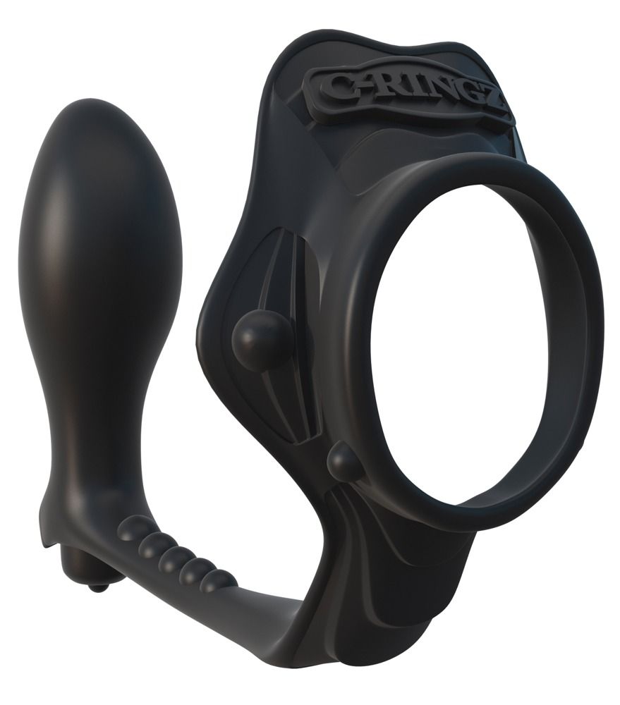 C-Ring nero con proiettile vibrante esterno e plug anale, vista laterale.