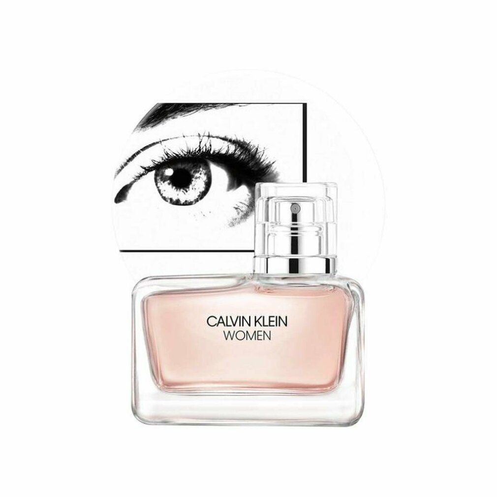 Flacone Calvin Klein Women. Liquido rosa. Vaporizzatore argento. Sfondo bianco con design occhio.