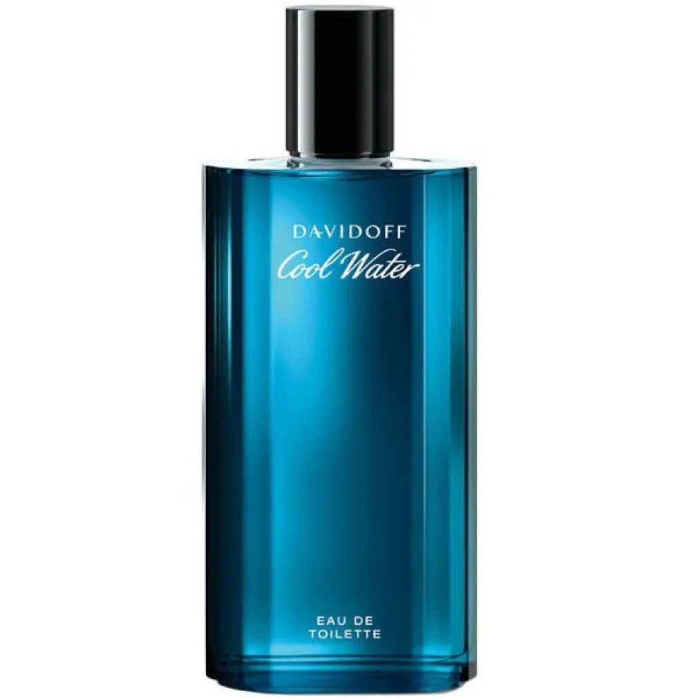 Flacone Davidoff Cool Water Eau de Toilette. Vetro blu, tappo nero. Scritta: Davidoff Cool Water, Eau de Toilette.