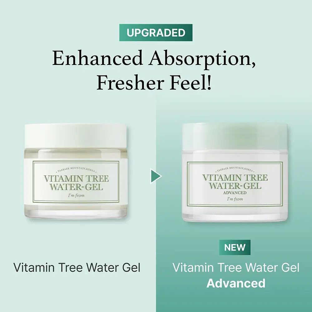 Due vasetti affiancati. A sinistra: Vitamin Tree Water Gel. A destra: Vitamin Tree Water Gel Advanced. Testo: Enhanced Absorption, Fresher Feel!