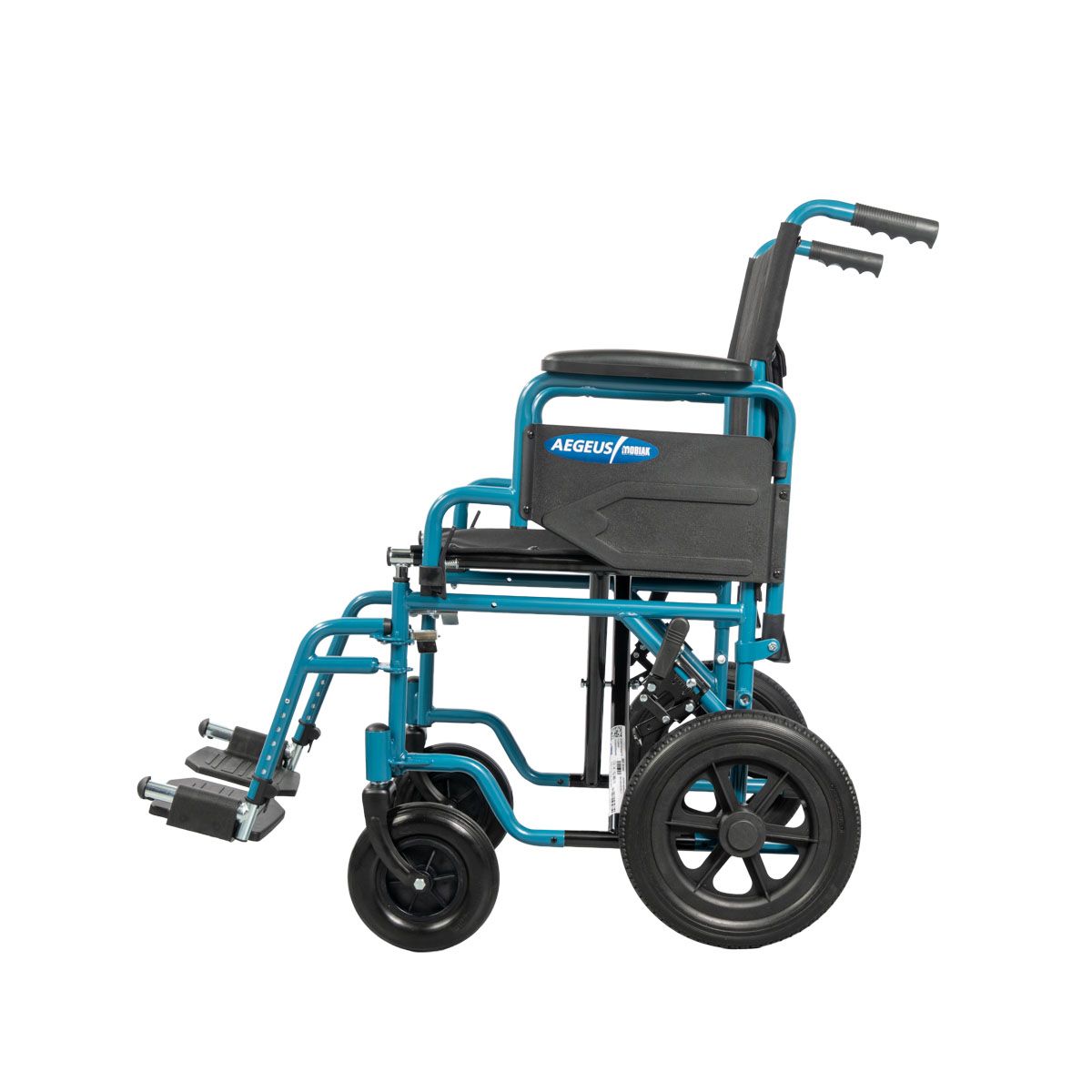 Sedia a rotelle blu con seduta e ruote nere. Vista laterale. Marchio AEGEUS.