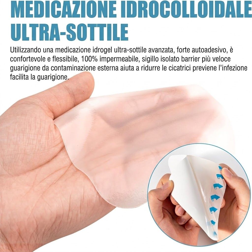 Medicazione idrocolloide ultra-sottile. Mostra una medicazione trasparente in mano.