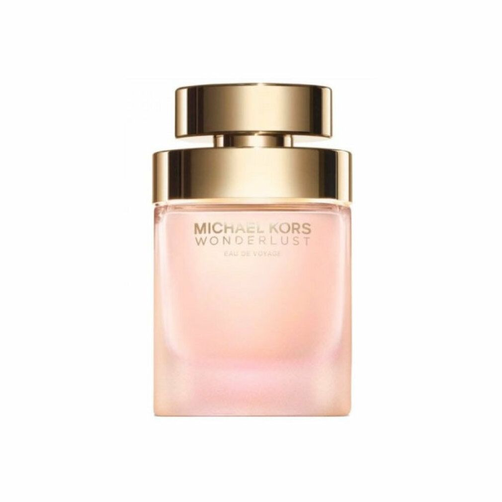 Flacone rettangolare con tappo dorato. Scritta: MICHAEL KORS WONDERLUST EAU DE VOYAGE.