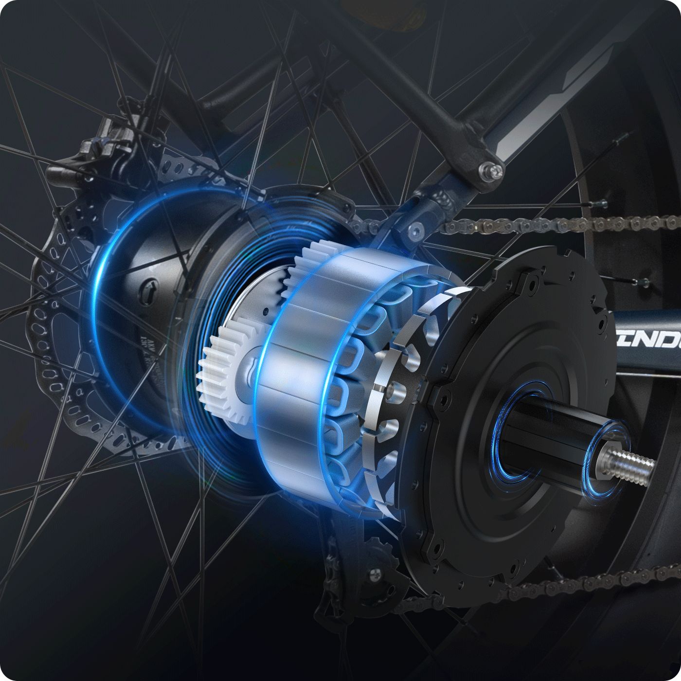 Vista dettagliata del motore. Ingranaggi, catena, trasmissione. Motore e-bike.