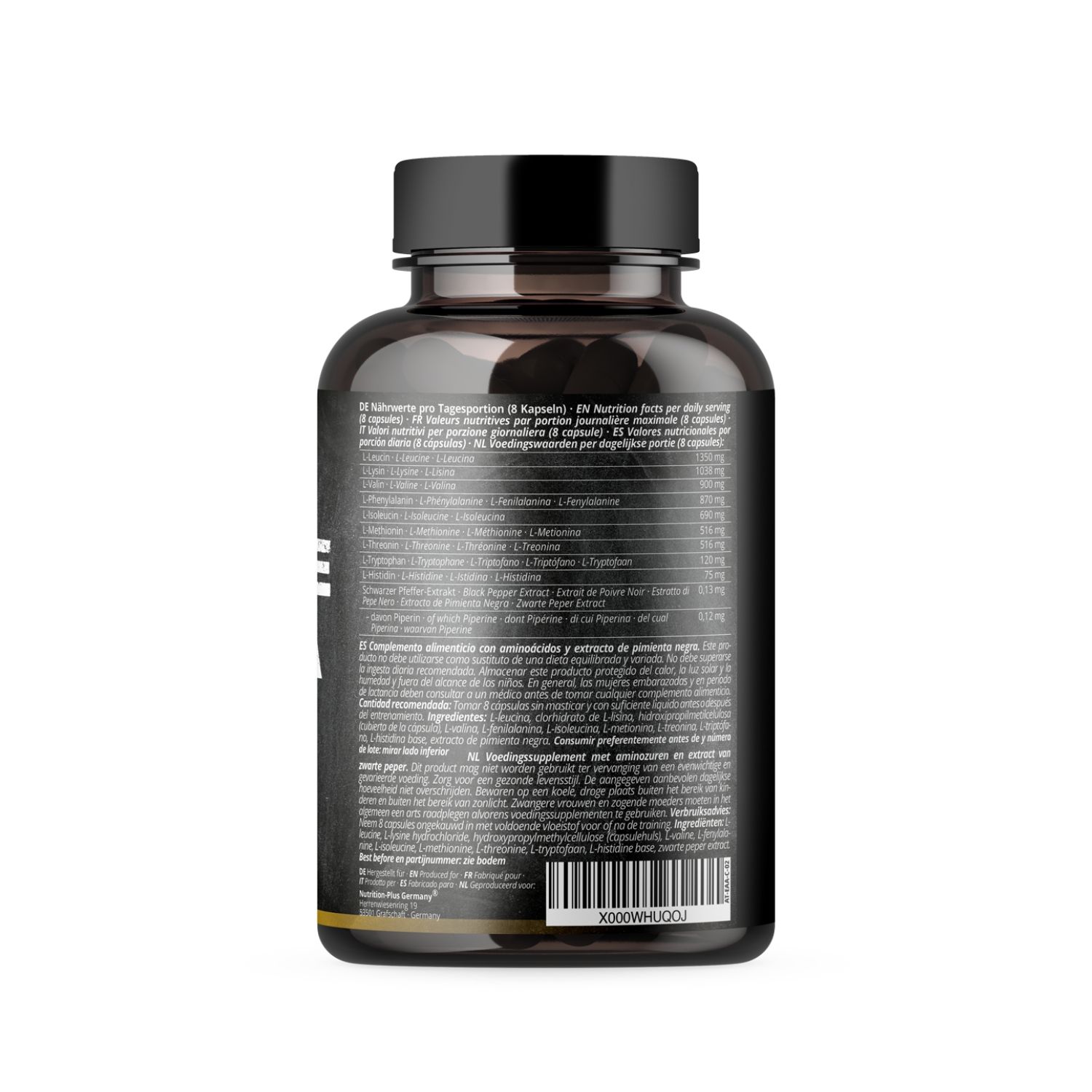 Retro del flacone con testo. Contiene informazioni nutrizionali e ingredienti. Sfondo nero.