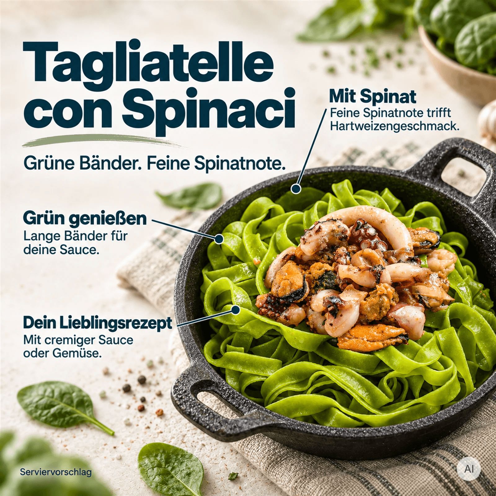 Suggerimento di presentazione: Tagliatelle verdi ai frutti di mare in una padella nera, guarnite con basilico.