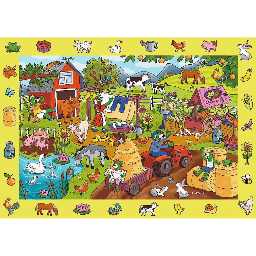 Puzzle con motivo fattoria. Personaggio Spy Guy con lente d'ingrandimento. 24 pezzi. Cornice gialla. Animali e persone in fattoria.