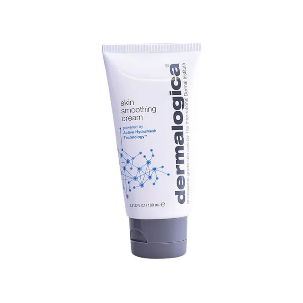 Tubo bianco, tappo grigio. Scritta: skin smoothing cream, Dermalogica. 1.7 US FL OZ / 100 ml.