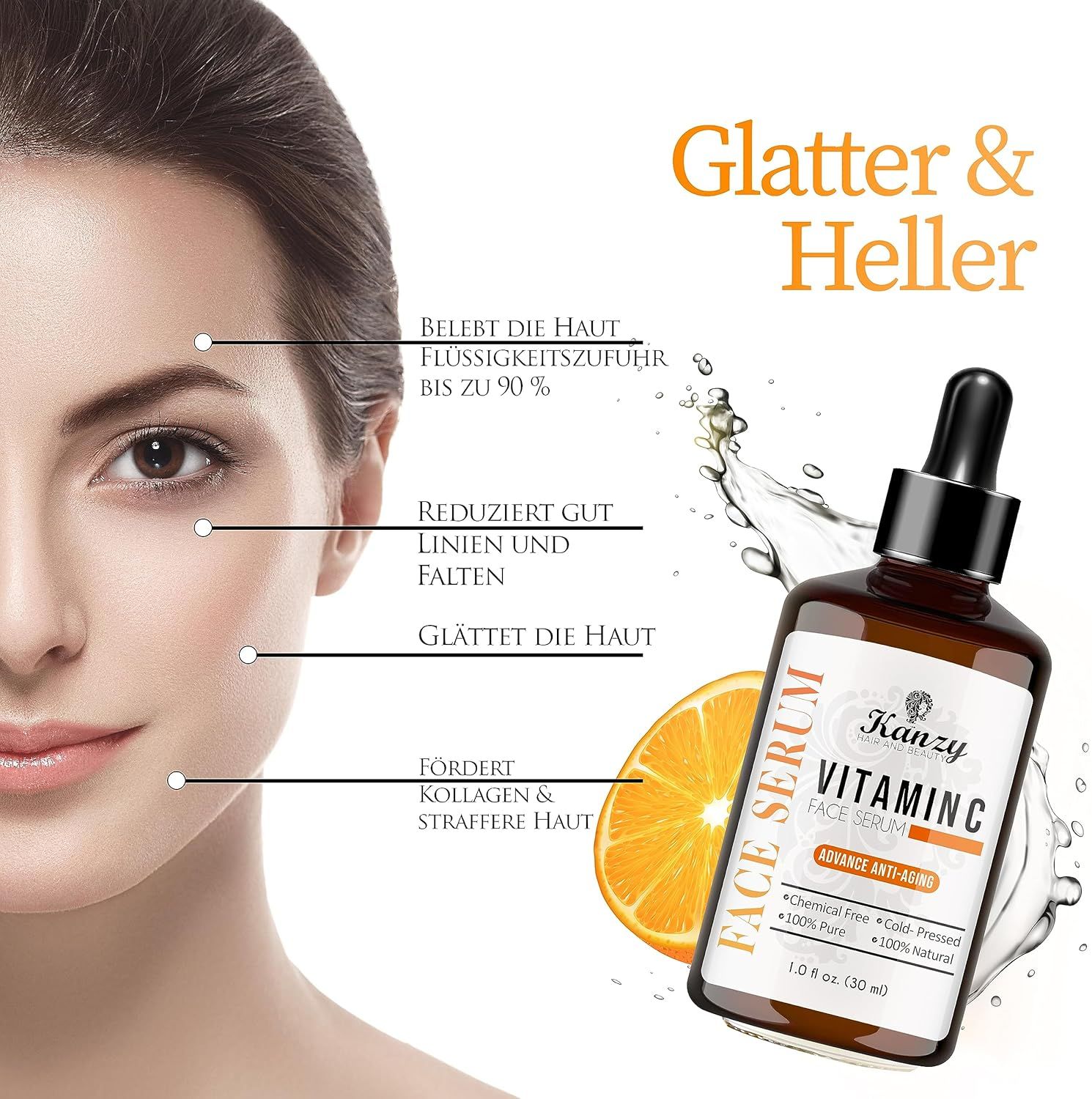 Flacone marrone di siero alla vitamina C Kanzy. Scritta: Face Serum. Con arancia e illustrazioni.