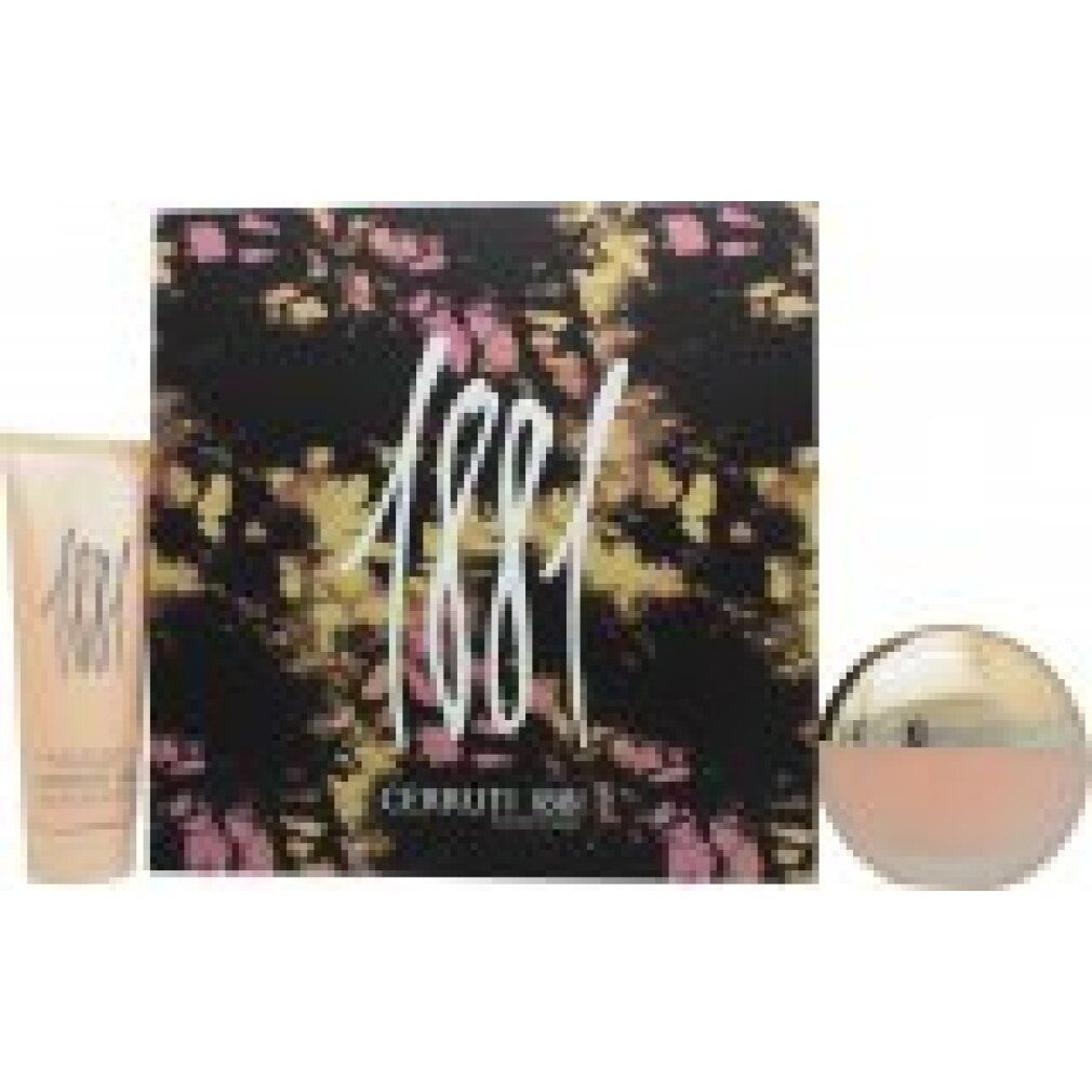 Set regalo con flacone di profumo, lozione per il corpo e scatola. Scritta "1881". Confezione rosa e nera.