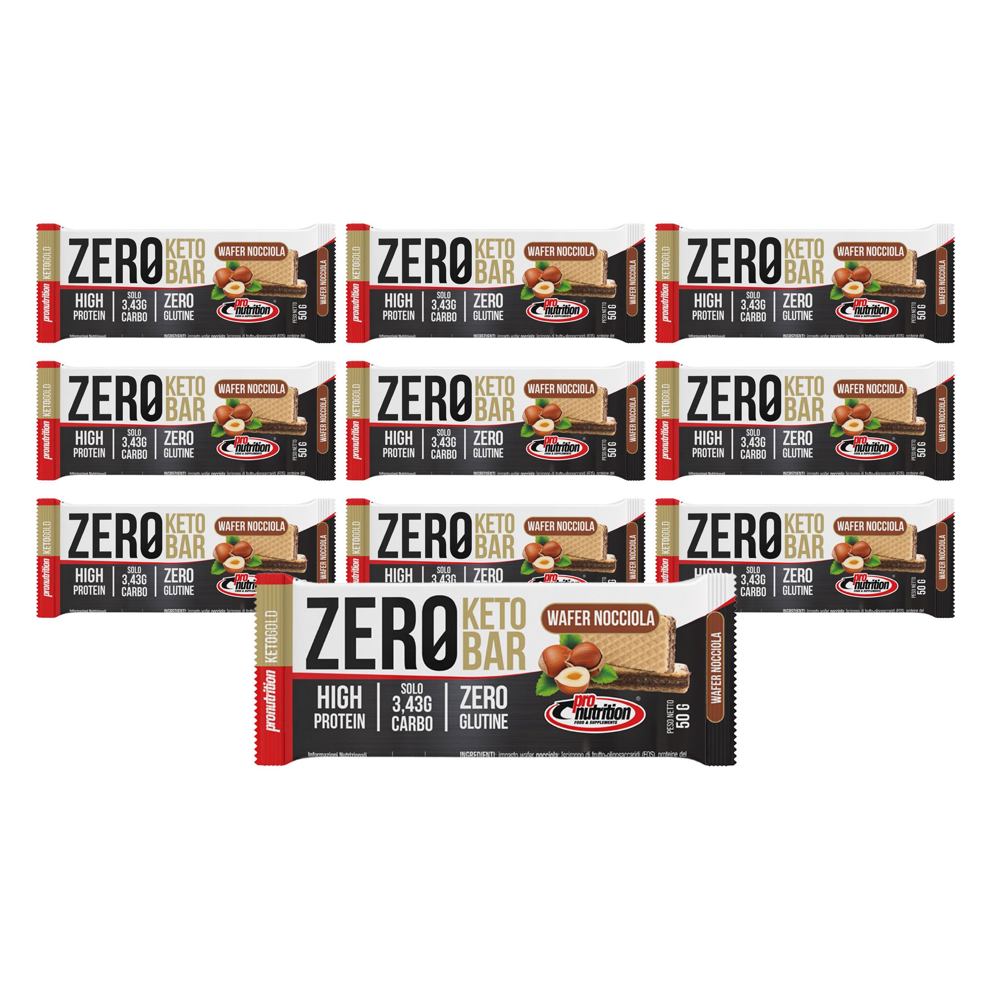Pronutrition Zero Keto Bar - 10 barrette 50g - Nocciola - 40% proteine - Senza glutine