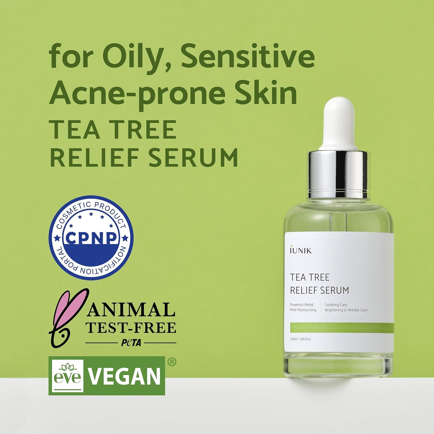 Flacone di siero con pipetta, loghi e testo: CPNP, Animal Test-Free, Vegan. Testo: Tea Tree Relief Serum.