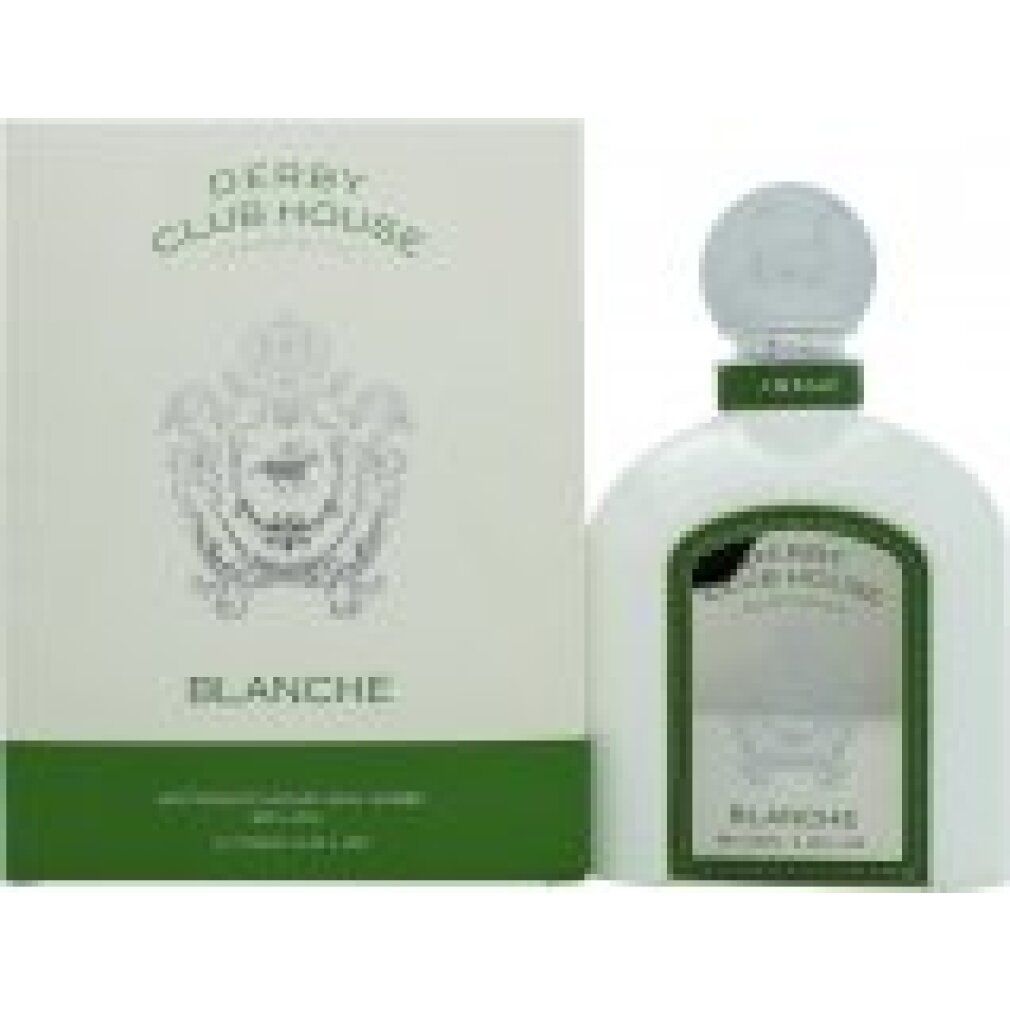 Flacone e confezione bianchi. Flacone con tappo argentato, etichetta verde. Confezione: DERBY CLUB HOUSE, BLANCHE.