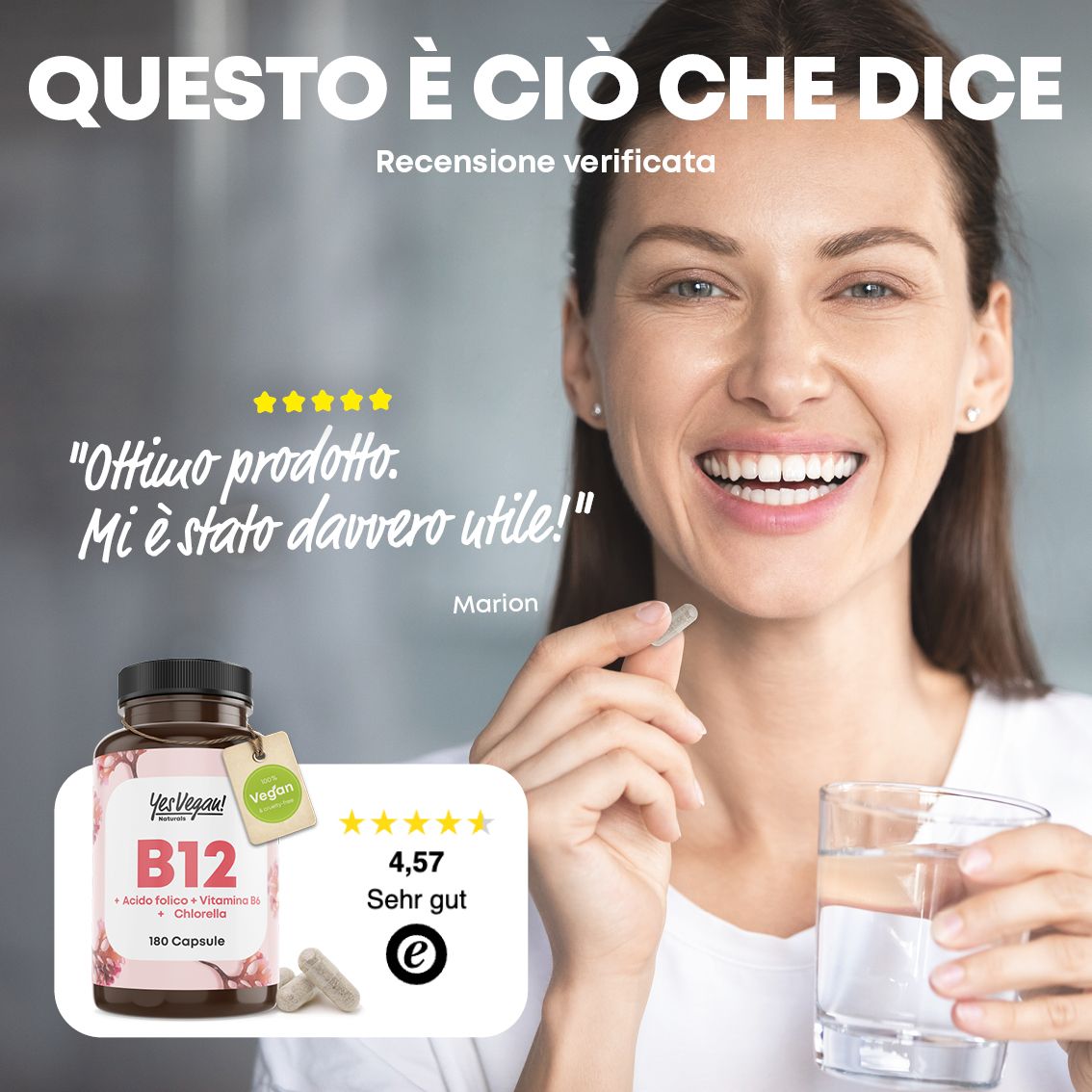 Flacone e infografica degli ingredienti: B12, acido folico, vitamina B6, chlorella.